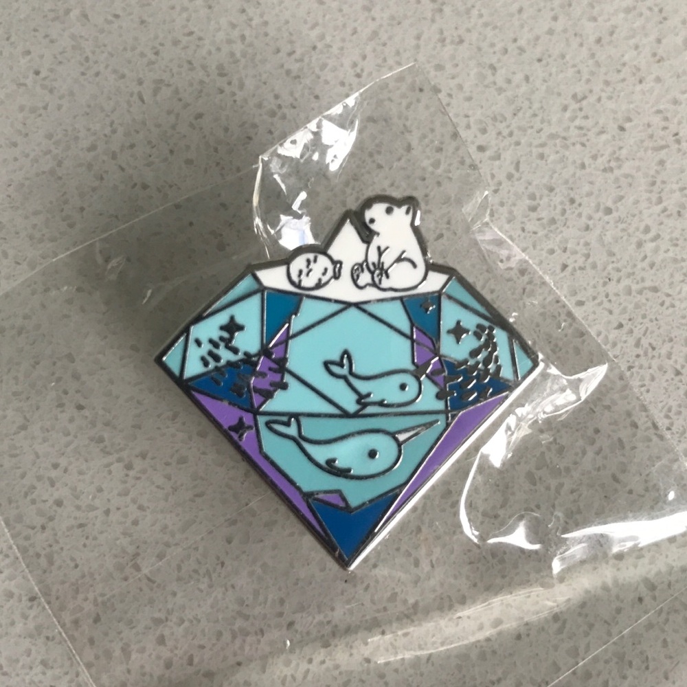 BNIB Enamel Pin - Animals on ice and in sea - Polar bear, narwhals, fish